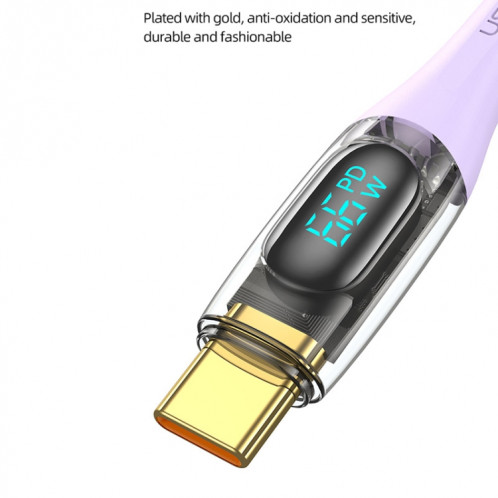 Câble de données de charge rapide à affichage numérique transparent en alliage d'aluminium USAMS USB vers Type-C 66W, longueur du câble: 2 m (violet) SU402C477-010
