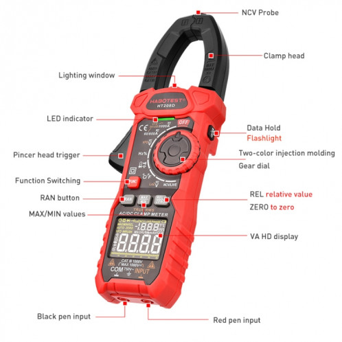 HABOTEST HT208A 1000A Pince multimètre numérique anti-brûlure multifonction SH1623143-05