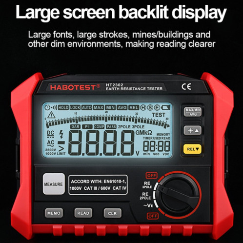 HABOTEST HT2302 Testeur de résistance de mise à la terre à affichage numérique multifonctionnel SH1690932-010