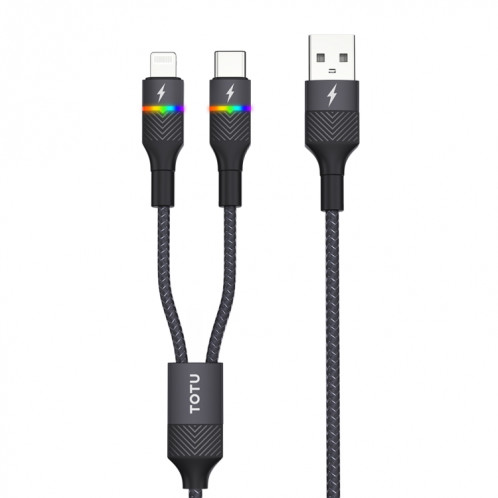 TOTU B2C-001 Journey Series 2 en 1 USB vers 8 broches + câble de données de lumière respiratoire colorée de type C, longueur : 1,5 m (noir) ST601A901-07