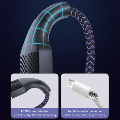 TOTU B2C-001 Journey Series 2 en 1 USB vers 8 broches + câble de données de lumière respiratoire colorée de type C, longueur : 1,5 m (noir) ST601A901-07
