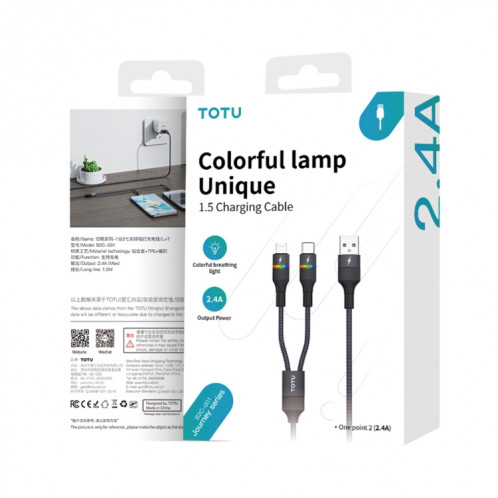 TOTU B2C-001 Journey Series 2 en 1 USB vers 8 broches + câble de données de lumière respiratoire colorée de type C, longueur : 1,5 m (noir) ST601A901-07