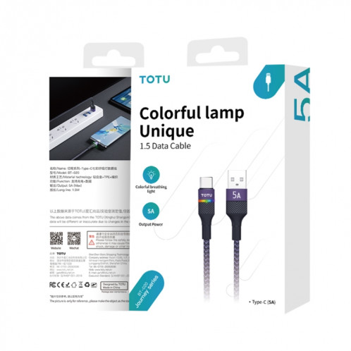 TOTU BT-020 Journey Series Câble de données de lumière respiratoire coloré USB vers Type-C, longueur : 1,5 m (noir) ST801A520-07