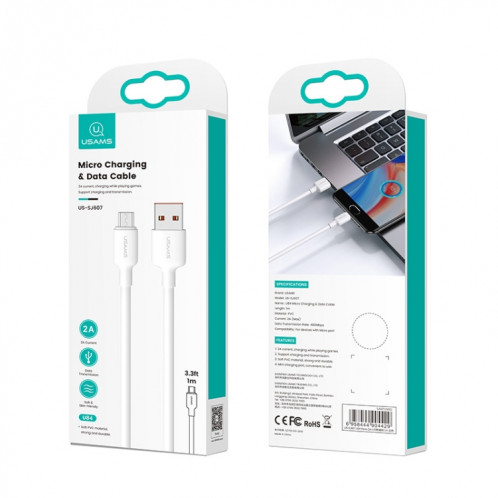 USAMS US-SJ607 U84 Câble de données de charge USB vers micro USB 2 A, longueur du câble : 1 m (blanc) SU701A1343-07