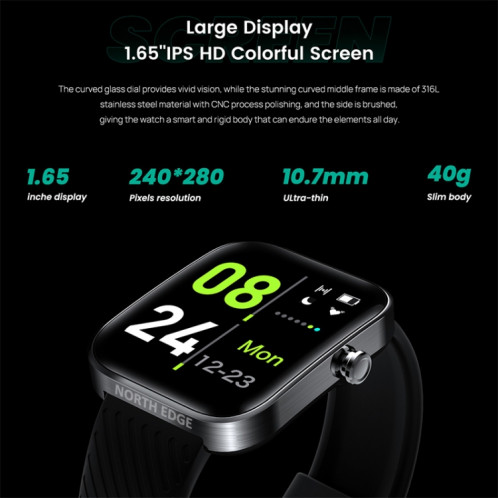 NORTH EDGE NHC Montre intelligente à écran TFT 1,65 pouces, prise en charge PPG + ECG (noir) SN701A890-08