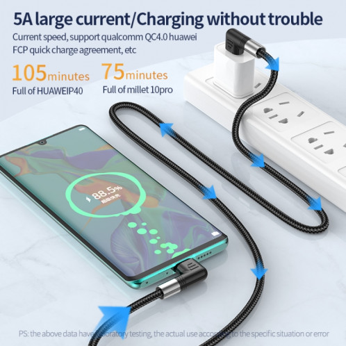 Câble de données à double coude A9 100 W USB-C/Type-C vers USB-C/Type-C, longueur : 3 m SH3204357-07