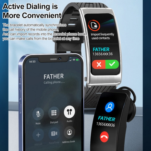 K20 1,14 pouces bande de silicone écouteur détachable vie étanche montre intelligente prise en charge appel Bluetooth (noir argent) SH701C277-015