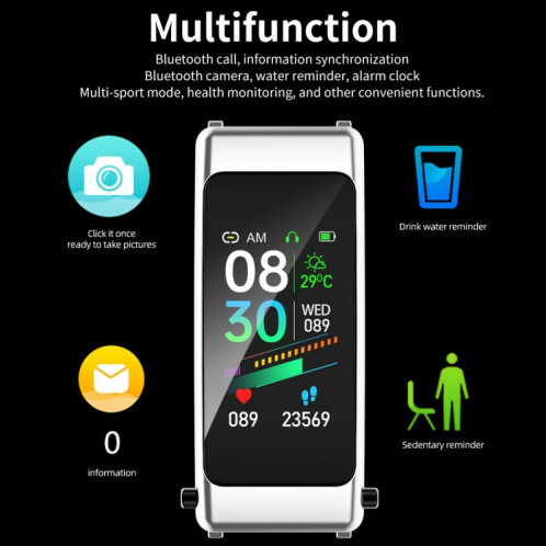 K50 1,08 pouces bande de silicone écouteur détachable IP67 étanche montre intelligente prise en charge appel Bluetooth (noir argent) SH401B1468-016