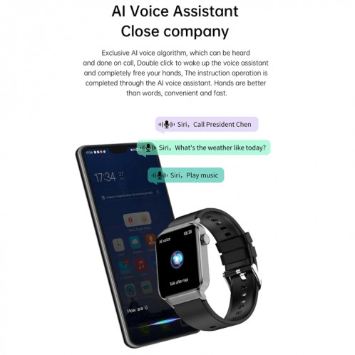 T50 1,85 pouces bracelet en cuir IP67 montre intelligente étanche prend en charge l'assistant vocal/surveillance de la santé (noir) SH301B808-013