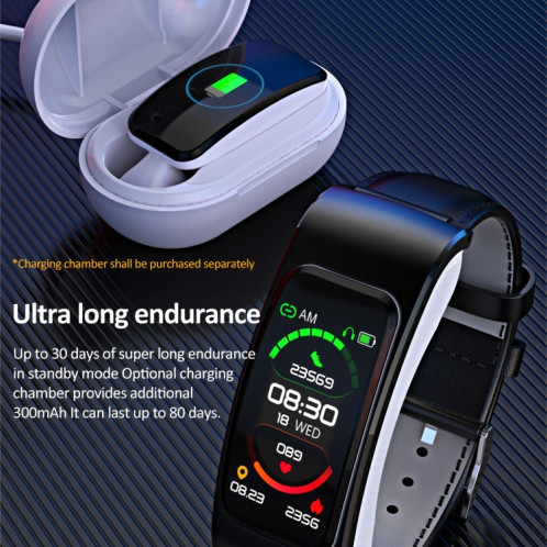 K60 1,08 pouces bande de cuir écouteur détachable vie étanche montre intelligente prise en charge Bluetooth appel (noir argent) SH001C631-018