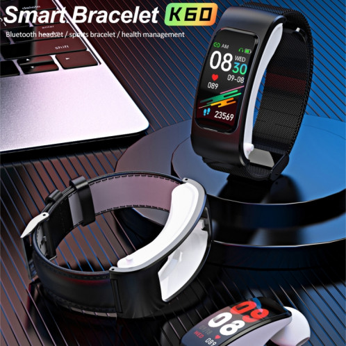 K60 1,08 pouces bande de cuir écouteur détachable vie étanche montre intelligente prise en charge Bluetooth appel (noir argent) SH001C631-018