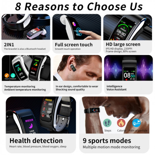 K60 1,08 pouces bande de cuir écouteur détachable vie étanche montre intelligente prise en charge Bluetooth appel (noir argent) SH001C631-018