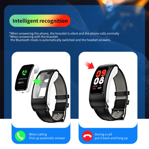 K60 1,08 pouces bande de cuir écouteur détachable vie étanche montre intelligente prise en charge Bluetooth appel (noir argent) SH001C631-018