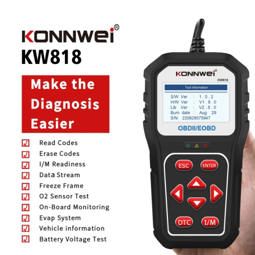 KONNWE KW818 Outils de diagnostic de détecteur de défaut de voiture OBD2 Bluetooth SK36511197-08
