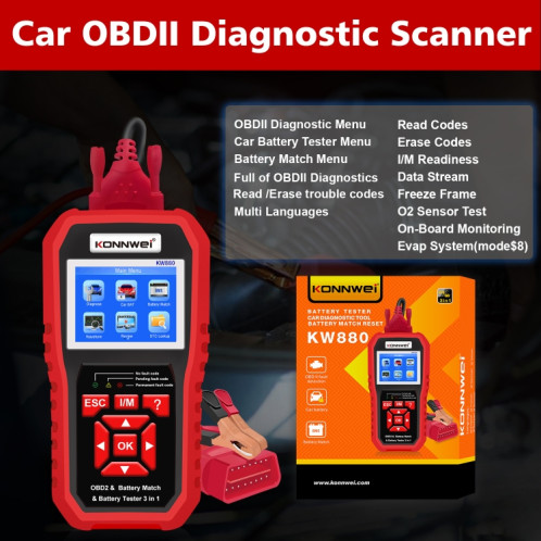 KONNWEI KW880 3 en 1 diagnostic de panne de voiture OBD2 + testeur de batterie + réinitialisation de la correspondance de la batterie SK36581273-08