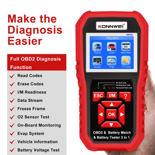 KONNWEI KW880 3 en 1 diagnostic de panne de voiture OBD2 + testeur de batterie + réinitialisation de la correspondance de la batterie SK36581273-08