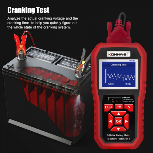 KONNWEI KW880 3 en 1 diagnostic de panne de voiture OBD2 + testeur de batterie + réinitialisation de la correspondance de la batterie SK36581273-08