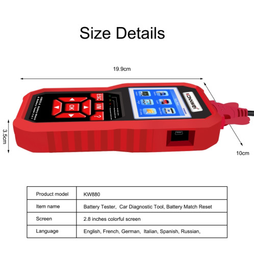 KONNWEI KW880 3 en 1 diagnostic de panne de voiture OBD2 + testeur de batterie + réinitialisation de la correspondance de la batterie SK36581273-08