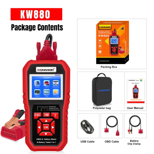 KONNWEI KW880 3 en 1 diagnostic de panne de voiture OBD2 + testeur de batterie + réinitialisation de la correspondance de la batterie SK36581273-08