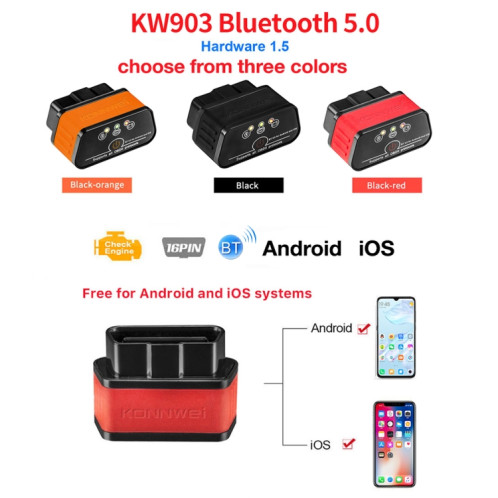 KONNWEI KW903 Bluetooth 5.0 OBD2 Outils d'analyse de diagnostic de défaut de voiture Prend en charge IOS / Android (noir rouge) SK301A1252-07
