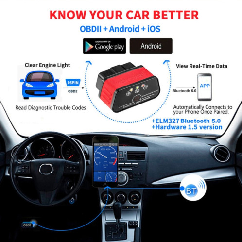 KONNWEI KW903 Bluetooth 5.0 OBD2 Outils d'analyse de diagnostic de défaut de voiture Prend en charge IOS / Android (noir rouge) SK301A1252-07