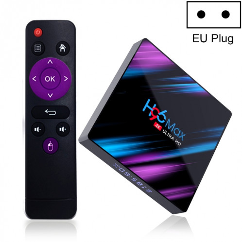 H96 MAX-3318 4K Ultra HD Android TV Boîte de télévision avec télécommande, Android 10,0, RK3318 quad-core 64bit Cortex-A53, 4 Go + 64GB, carte TF Carte / USBX2 / AV / Ethernet, Fiche Spécification: Fiche EU SH4702553-012