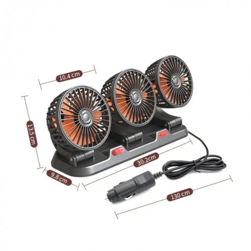 F4310 Ventilateur à trois têtes de voiture réglable rotatif à 360 degrés, style : allume-cigare 12 V SH08021217-013