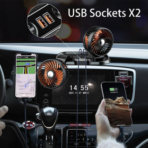 F622U Ventilateur de refroidissement électrique à double tête rotative et pliable pour voiture avec double port de charge USB, style : USB universel SH1501376-013