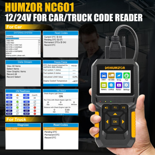 HUMZOR NC601 12-24V Voiture et Camion OBD2 Outil de Diagnostic Outil de Diagnostic SH53091986-09