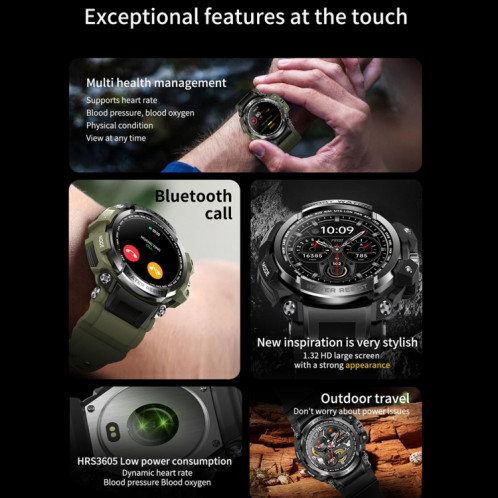 LC16 1,32 pouces IP68 Montre intelligente de sport de plein air étanche, prise en charge des appels Bluetooth / surveillance de la fréquence cardiaque (noir) SH801A1876-013