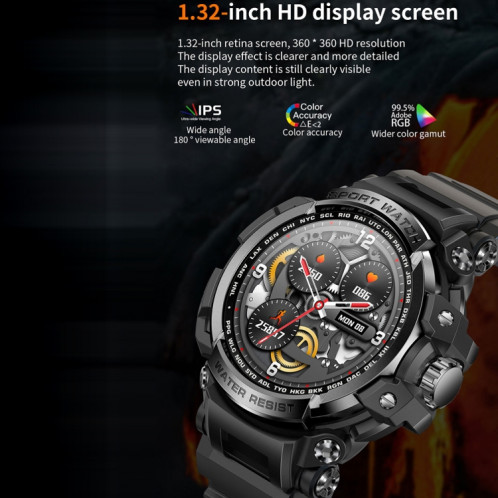 LC16 1,32 pouces IP68 Montre intelligente de sport de plein air étanche, prise en charge des appels Bluetooth / surveillance de la fréquence cardiaque (noir) SH801A1876-013