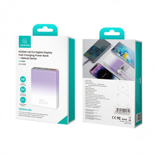 USAMS CD192 10000mAh Banque d'alimentation à charge rapide à affichage numérique portable (violet dégradé) SU201C456-08