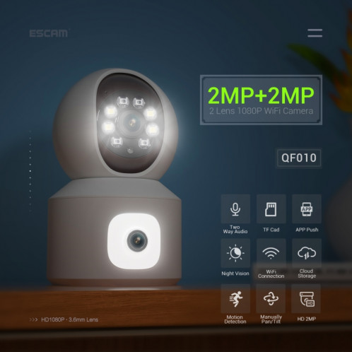 ESCAM QF010 2x2MP double objectif double écran Surveillance caméra WiFi prise en charge de la voix et de la détection de mouvement bidirectionnelles (prise ue) SE801A1388-010