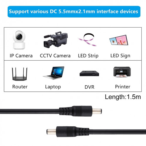 Fiche d'alimentation CC 8 A Câble de connecteur adaptateur mâle à mâle 5,5 x 2,1 mm, longueur : 1,5 m (noir) SH203A555-06