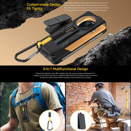 Pour Ulefone Armor 23 Ultra Ulefone Back Clip Phone Case avec mousqueton (noir) SU805A65-08