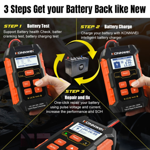 KONNWEI KW520 12V / 24V 3 en 1 testeur de batterie de voiture avec fonction de détection et de réparation et de charge (prise UE) SK701A71-09