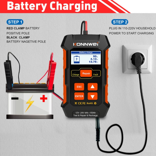 KONNWEI KW520 12V / 24V 3 en 1 testeur de batterie de voiture avec fonction de détection et de réparation et de charge (prise UE) SK701A71-09