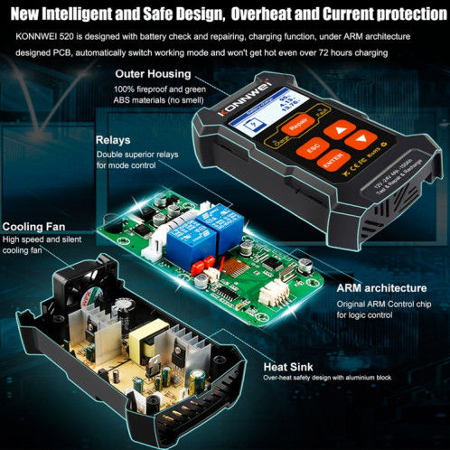 KONNWEI KW520 12V / 24V 3 en 1 testeur de batterie de voiture avec fonction de détection et de réparation et de charge () SK701A71-09
