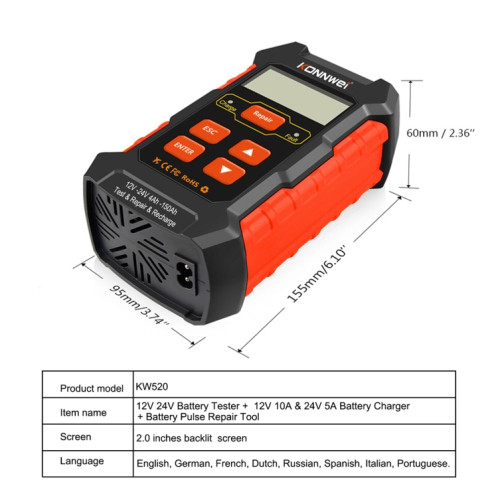 KONNWEI KW520 12V / 24V 3 en 1 testeur de batterie de voiture avec fonction de détection et de réparation et de charge (prise UE) SK701A71-09