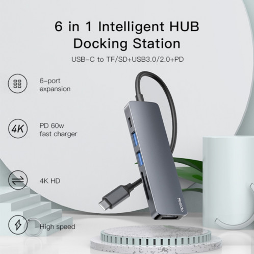 Yesido HB11 6 en 1 Ports USB-C / Type-C Adaptateur HUB de Station d'Accueil Multifonctionnel SY811760-08