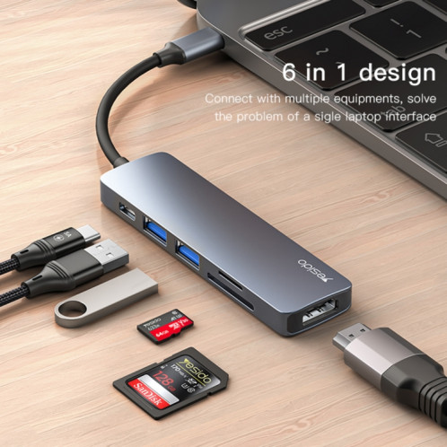 Yesido HB11 6 en 1 Ports USB-C / Type-C Adaptateur HUB de Station d'Accueil Multifonctionnel SY811760-08