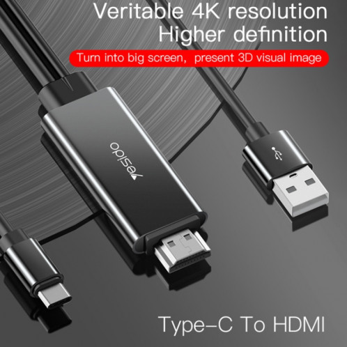 Câble adaptateur Yesido HM03 USB-C/Type-C vers HDMI, longueur : 1,8 m SY95011056-09