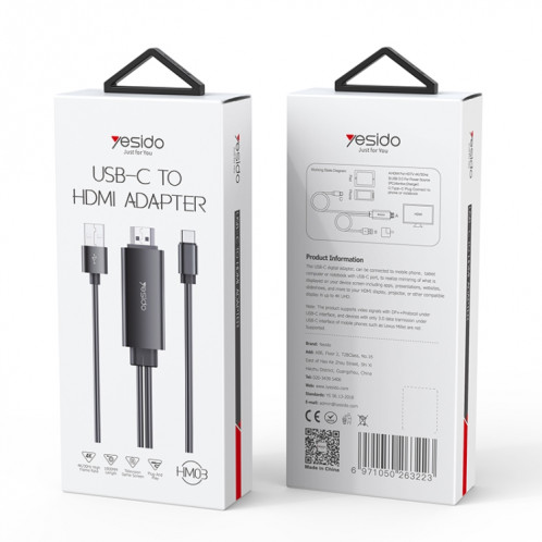 Câble adaptateur Yesido HM03 USB-C/Type-C vers HDMI, longueur : 1,8 m SY95011056-09