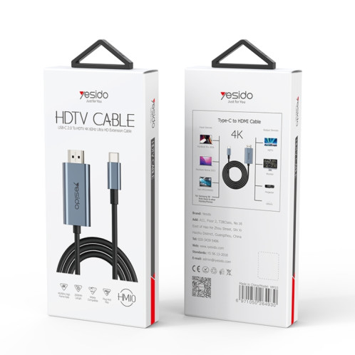 Câble adaptateur Yesido HM10 USB-C/Type-C vers HDMI HD, longueur : 2 m SY0801518-08