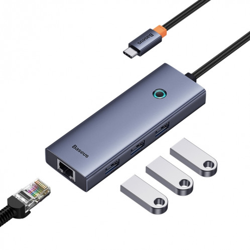 Adaptateur Baseus Flite Series 4 en 1 USB-C / Type-C vers USB 3.0x3 + HUB RJ45, longueur du câble : 23 cm (gris sidéral) SB201A1924-08