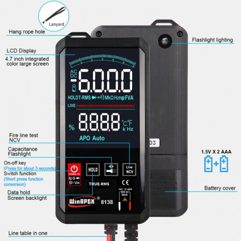 Multimètre numérique à écran tactile intelligent WinAPEX, modèle : 8138 SW79021777-015