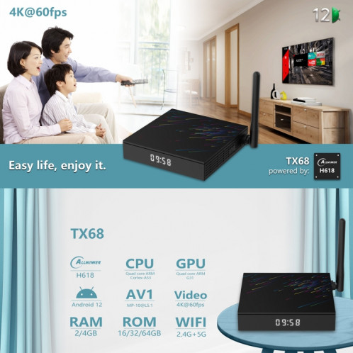 H618-TX68 Android 12.0 Allwinner H618 Quad Core Smart TV Box, mémoire : 2 Go + 16 Go (prise UE) SH601B1964-07