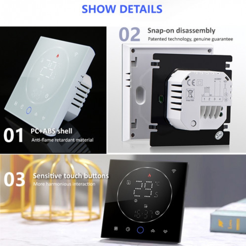 BHT-008GCLW 95-240V AC 5A Smart Home Chaudière Chauffage Thermostat LED avec WiFi (Noir) SH401A1344-012
