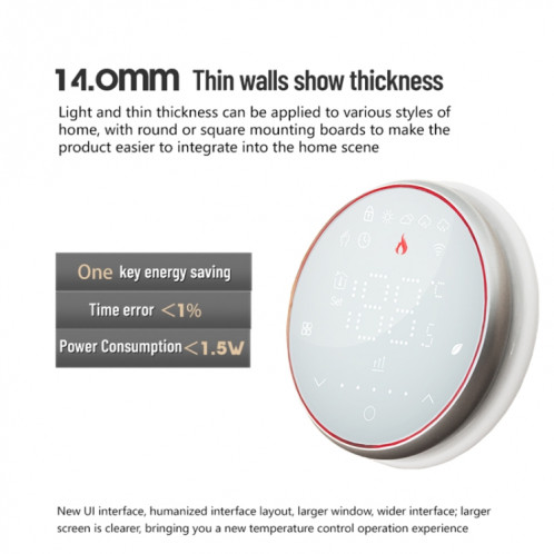 BHT-6001GCLW 95-240V AC 5A Thermostat Rond Intelligent Chaudière Chauffage Thermostat LED Avec WiFi (Blanc) SH201B1584-09