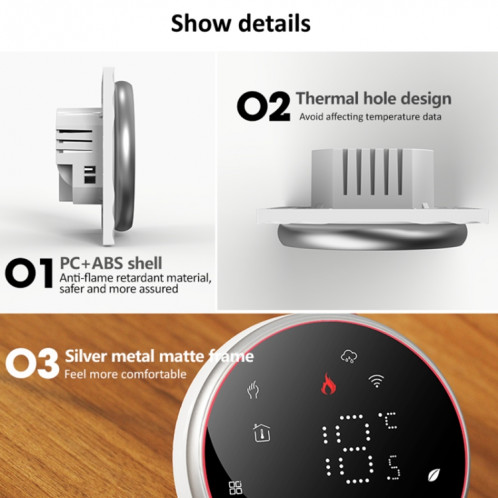BHT-6001GCLW 95-240V AC 5A Thermostat Rond Intelligent Chaudière Chauffage Thermostat LED Avec WiFi (Blanc) SH201B1584-09